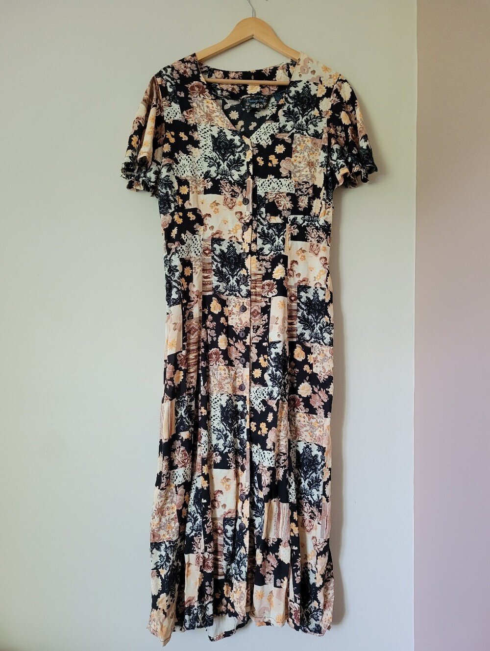 Vintage 90s Boho Grunge Floral Patchwork Corset Back Rayon Sundress Maxi Dress